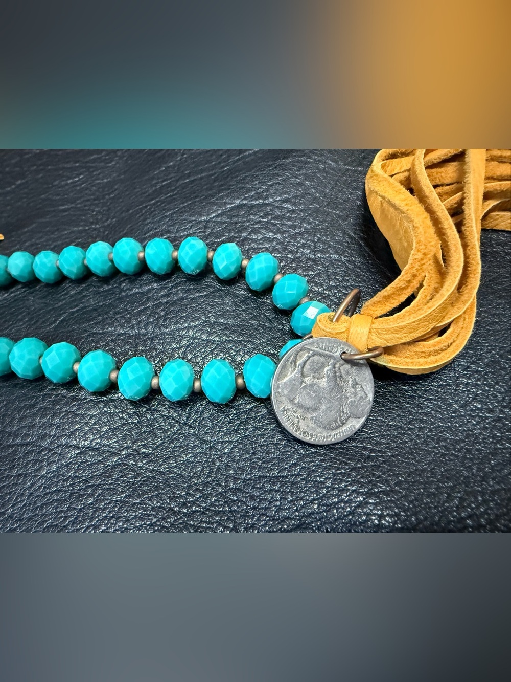Turquoise Beaded Necklace with Mustard Suede Tassel and Coin Pendant